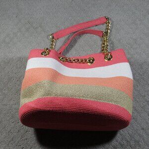 NWOT New Directions Pink, Peach and Gold Straw Purse with Gold Chain Handle